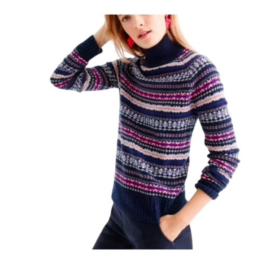 J.Crew Women's Large Fair Isle 100% Wool Turtleneck Sweater Navy Pink Blue